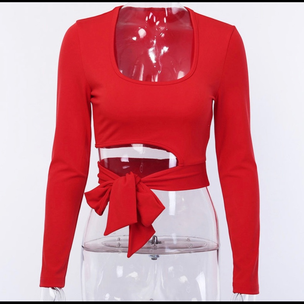 Sexy low cut hollow out solid red crop top! Nwot - Picture 3 of 8